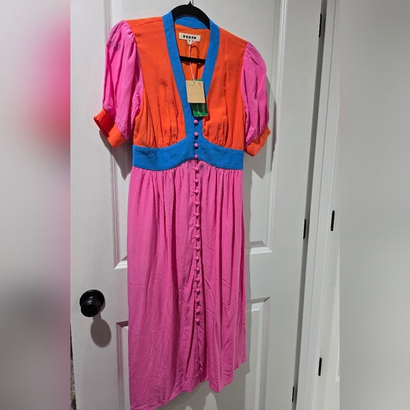 NWT Boden Pink Elsa Midi Tea Dress, Pink, Blue And Orange W/ Buttons - Picture 1 of 13